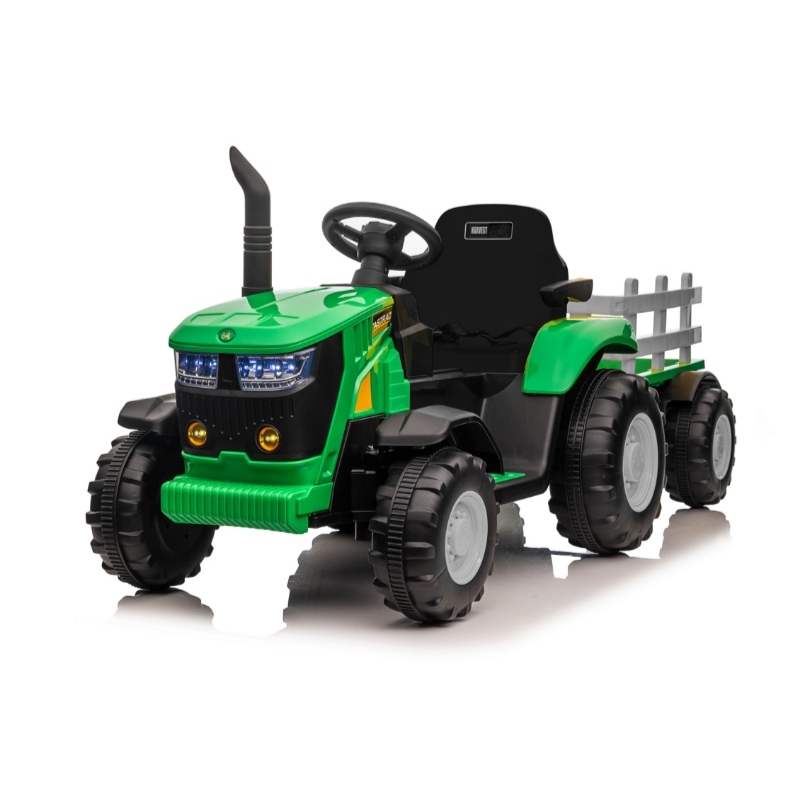 tractor para niños en color verde con detalles en gris y negro